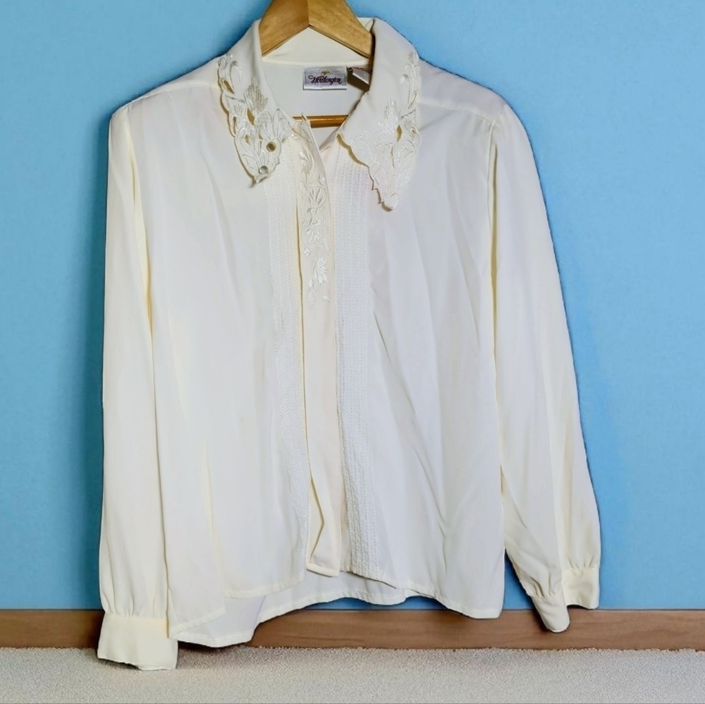 Worthington Sz 18 Cream Blouse With Cutwork Lace Collar Vintage